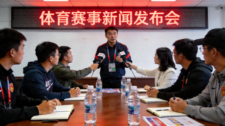 体育新闻发布厅内记者正在进行赛事报道的场景